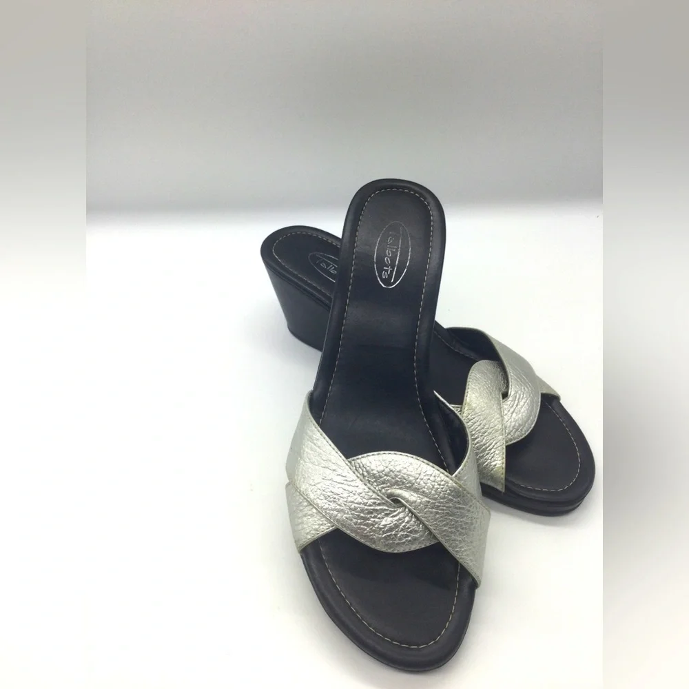 Talbots 9.5 Silver comfy sandal slides twist metallic resort‎ wedge